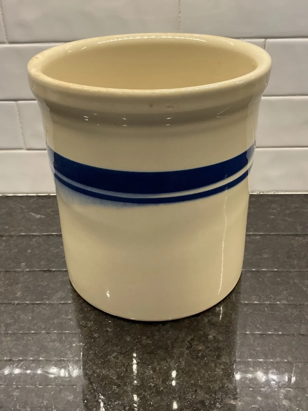 Pottery Crock Blue Stripe 2 Quart Utensil Holder